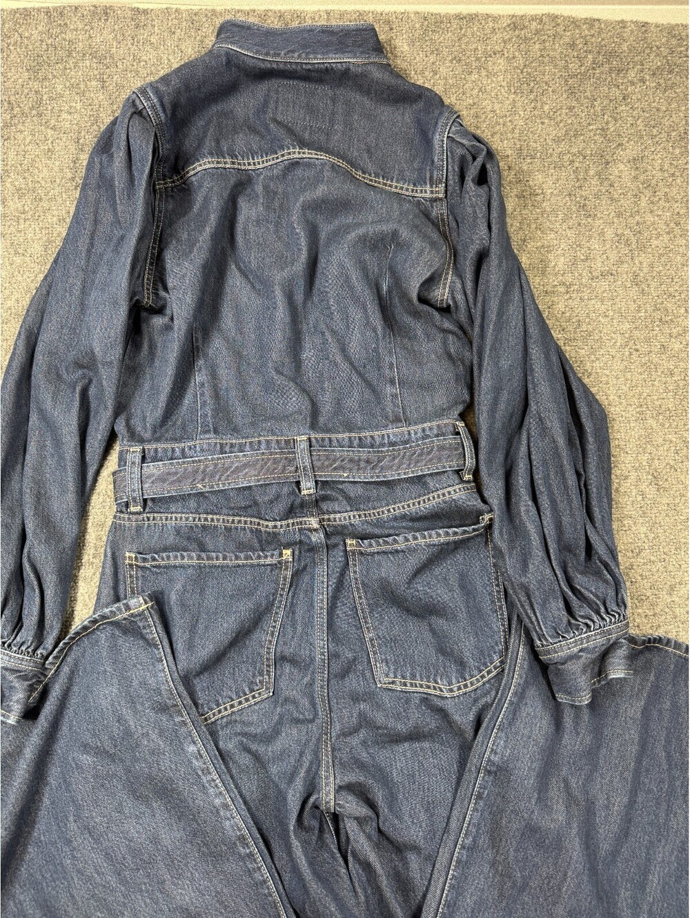 7 For All Mankind Womens Jumpsuit M Blue Denim Balloon Sleeve Wide Leg Tie Waist - Picture 4 of 13